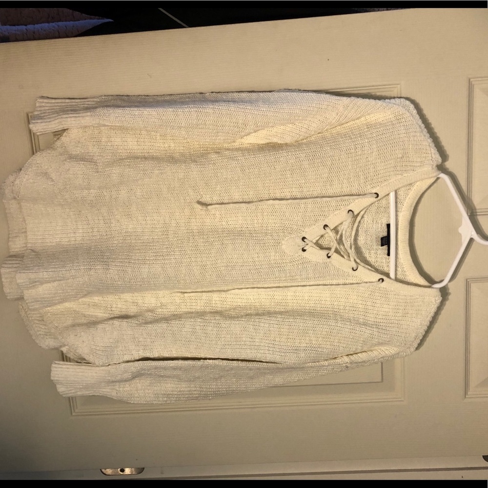 White Knit Lace-Up Sweater